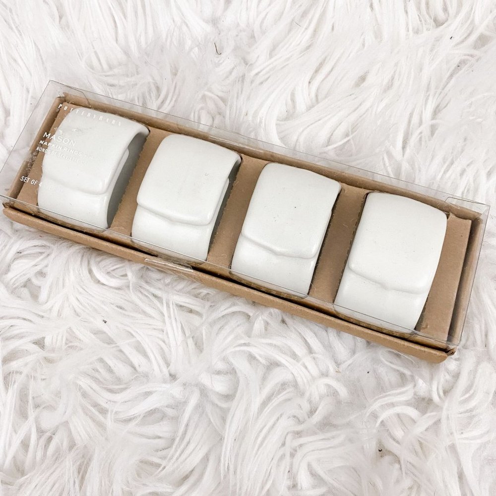 Pottery Barn Mason Stoneware Napkin Rings Set of 4 White